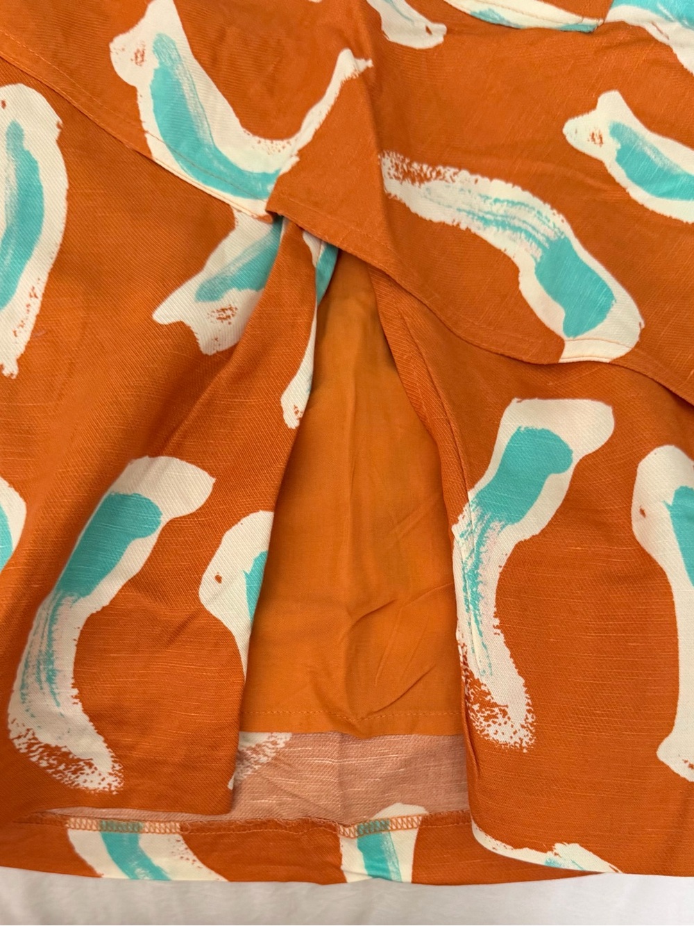 Anthropologie Orange Midi Skirt with Teal and White Brushstroke Print - Picture 4 of 4
